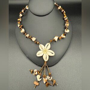 Mid Century Hawaiian Cowrie Shell Beaded Necklace with Floral Shell Design